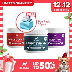 [FREE GIFT on DEC 12 ONLY] Dr Shiba Happy Tummy, Jolly Joints, and Silky Fur, Triple-Care Bundle Healthy Dog Treats for Pets with Dog probiotics, Dog Multivitamins, Appetite Booster for Dogs, Puppy/ Adult Dog Food Natural, Delicious, and Healthy Pet Treat