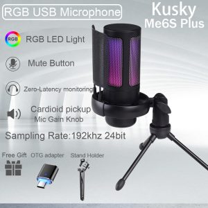 Kusky Me6S Plus RGB USB Microphone Condenser Gaming Mic Noise Canceling Mic Noise Reduction MuteGain Zero latency listening for PC Huawei Xiaomi Poco Vivo Realme Iphone